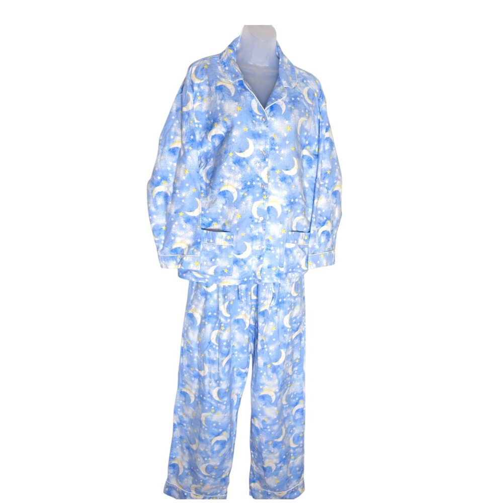 Lanz of Salzburg Blue Celestial Moon and Stars Flannel Pajama Set Womens Sz L